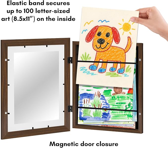 Americanflat - 2 Pack - Kids Artwork Frame Changeable (Walnut) - Magnetic Door Holds 100 Art Pieces - 8.5x11 Letter Size Display with Mat or 10x12.5 Without Mat - My Mini Masterpiece