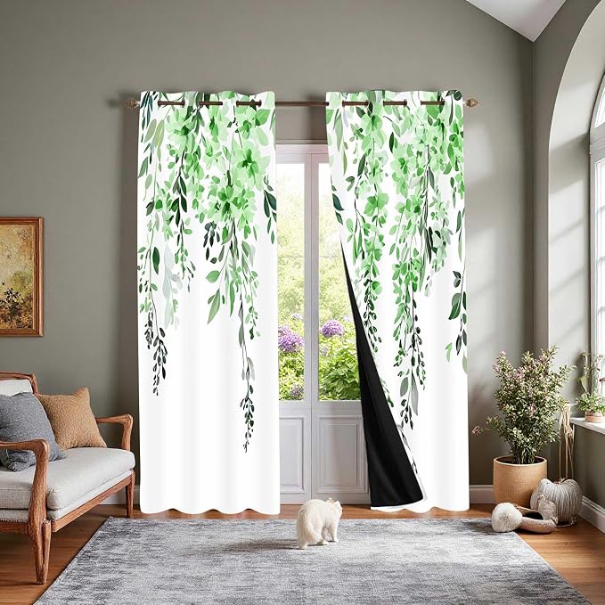 Green Watercolor Floral Curtains, Botanical Leaves Vine Flowers Curtain, Rustic Farmhouse Flower Leaf Blackout Window Treatment Drapes for Bedroom Living Room 52x96 inch, 2 Panels