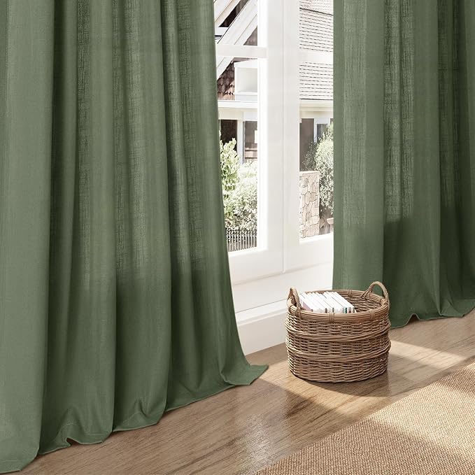 Nanspring Forest Green Linen Curtains 84 Inch Length 2 Panels Set for Living Room Light Filtering Semi Sheer Curtain Back Tab Rod Pocket Wabi Sabi Boho Decor Drapes for Bedroom Office 52x84