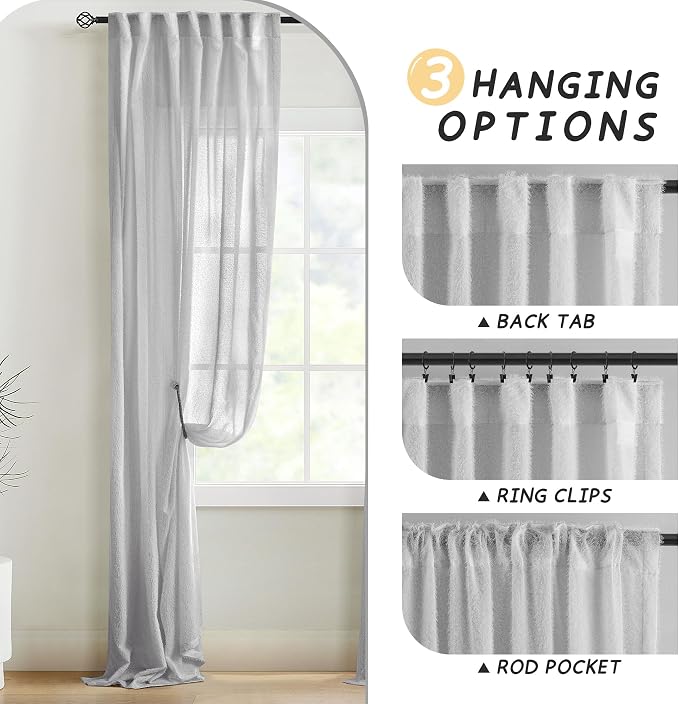 Grey Textured Curtains 102 inch Long 2 Panels for Living Room Modern Farmhouse Soft Fluff Curtains Back Tab Shabby Chic Boho Curtain Semi Sheer Nursery Kids Aesthetic Elegant Drape 52x102 Length
