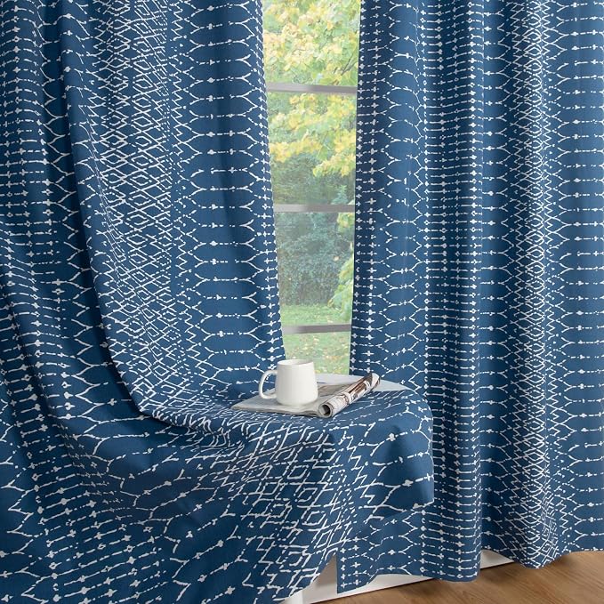 ColorBird 100% Blackout Heat Blocking Boho Curtains for Bedroom Navy Blue and White Sun Blocking Floor to Ceiling Curtains & Panels for Living Room Striped Western Geometric Room Decor