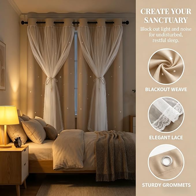 Kids Blackout Curtains for Bedroom/Living Room/Classroom, Sheer Overlay 2 Panel Set, Double Layer Curtains with Star Cutout for Kids Room(Each Piece W 70 x L 95 Inches 2 Pcs Beige)