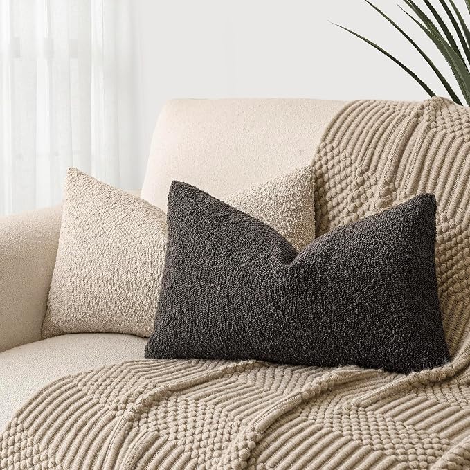 Foindtower Pack of 2 Textured Boucle Throw Pillow Covers Accent Solid Decorative Lumbar Pillow Cases Cozy Couch Cushion Case for Sofa Living Room Home Decor, 12 x 20 Inch,Dark Brown
