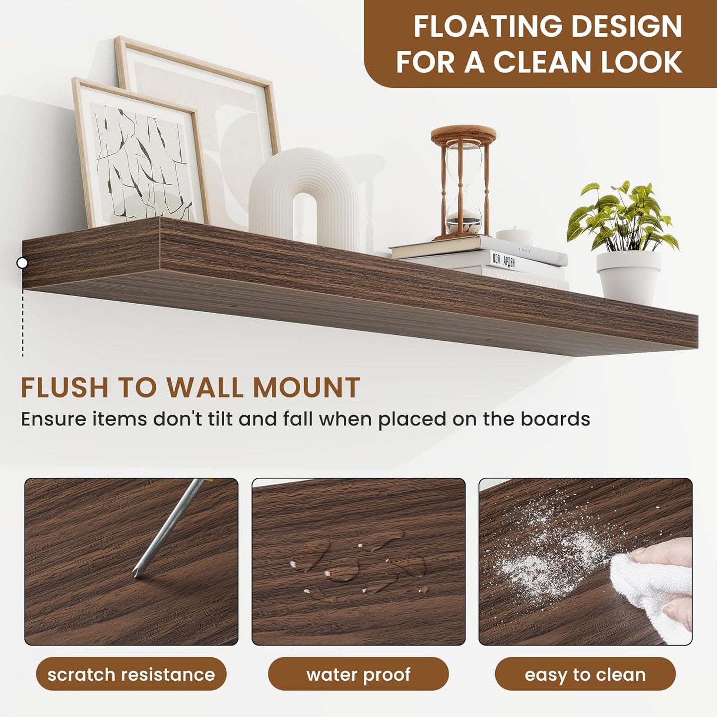 fuqing Floating Shelves for Wall, Bathroom Shelf Wall Mounted for Storage, Shelves with Invisible Bracket for Bedroom, Kitchen, Living Room, Farmhouse Small Book Shelf, 40 Inch Set of 2, Walnut