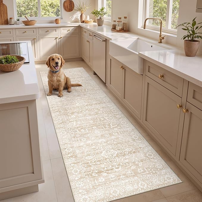 Soalmost 2.5'x8' Runner Rugs for Hallway, Washable Kitchen Runner Rug Beige | Vintage Non-Slip Soft 2'6"x8' Carpet Runner with Rubber Backing for Entryway Laundry Bedroom Farmhouse