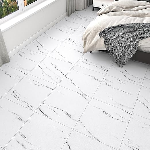 WESTICK White Peel and Stick Floor Tile Bathroom Waterproof Marble Vinyl Floor Tiles Self Adheisve Easy DIY Granite Flooring Tile for Kitchen Bedroom Dining Room 12" x 12" Jazz White
