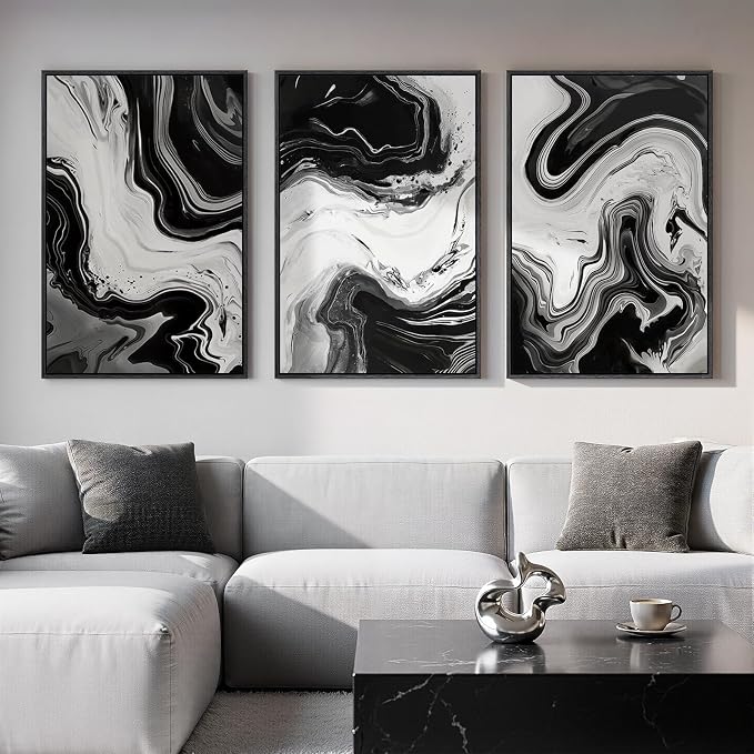 Large Framed Black and White Abstract Wall Art for Living room, 3 Piece Canvas Prints Paintings Artwork for Walls, Modern Minimalist Pictures Wall Decor for Bedroom Dining Room Office 24x36 In