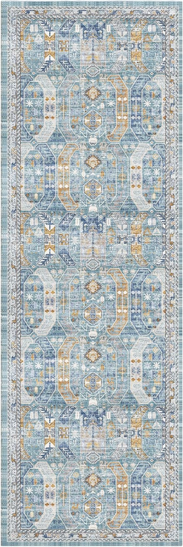 Madane Kitchen Runner 2'6''x8' Soft Rug Runners for Hallways, Blue/Gold | Vintage Machine Washable Rugs 2.5x8 Ft, Non-Slip Low Pile Stain-Resistant 8ft Floor Carpet for Laundry Room Corridor