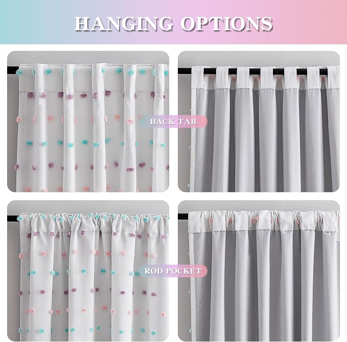 MYSKY HOME Total Blackout Curtains for Living Room 95 Inch Long 100% Light Blocking Curtains for Bedroom 2 Panels Set Privacy Protect Back Tab 2 Layered Drapes with Rainbow Pom Pom Sheer 52W x 95L