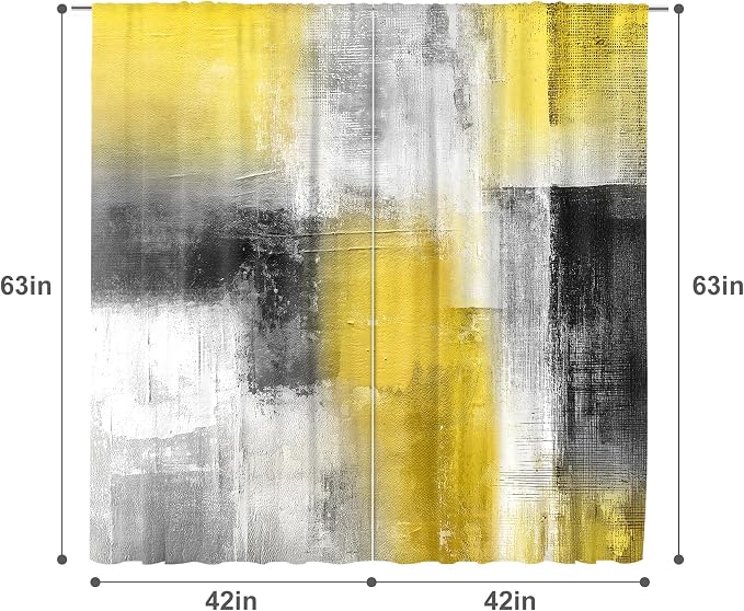 MESHELLY Yellow Grey Curtains 42Wx63H Inch Rod Pocket Abstract Geometric Square Watercolor Blocks Contemporary Oil Paint Bedroom Window Drapes Colorful Aesthetic Printed Living Room Window Treatment