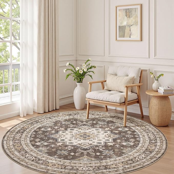 8ft Round Vintage Living Room Area Rug - 8x8 Large Soft Washable Oriental Traditional Distressed Farmhouse Rugs for Bedroom - Indoor Floor Accent Carpet for Home Office House Decor - Dark Brown