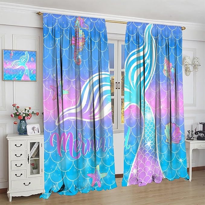 YCness Mermaid Curtains for Girls Bedroom Decor Rainbow Mermaid Tail Fish Scale Fantasy Ocean Theme Art Printed Blackout Window Drapes Fabric Set 2 Panel 42x45 Inch 80% Shading Rate