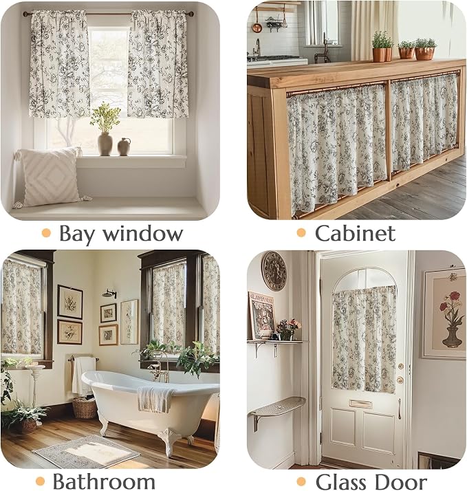 jinchan Floral Linen Tier Curtains 36 Inch Farmhouse Botanic Cafe Drapes for Small Windows Rustic Half Window Curtains for Kitchen Living Room Bathroom Laundry 2 Panels Black on Beige