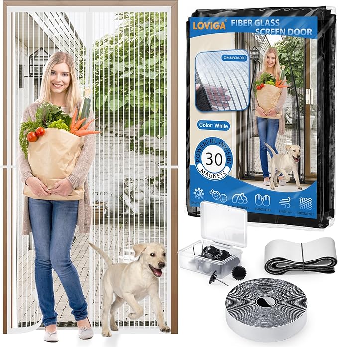 Heavy Duty Door Screen Magnetic Closure, LOVIGA Thickened Fiberglass Screen Door Mesh, Self Sealing, Tear Resistant, Easy Assemble, Fine Mesh Keep Bugs Out Fit Door Size 30 Inch X 80 Inch White