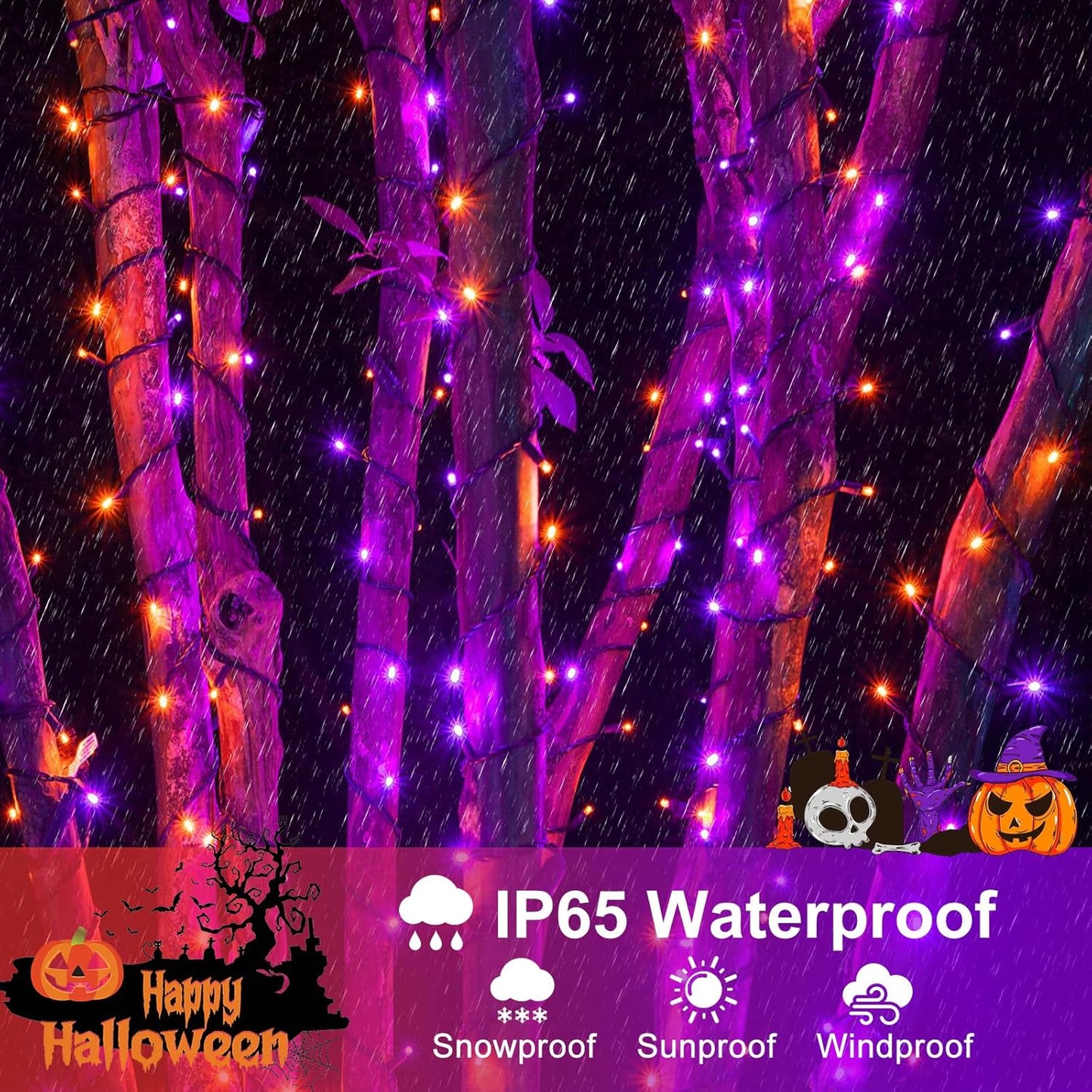 2 Pack Halloween Lights Outdoor, Total 200FT 600 LED Purple Orange String Lights for Outside with 8 Modes Waterproof, Plug in Halloween Decorations for Indoor House Patio Garden Party Holiday