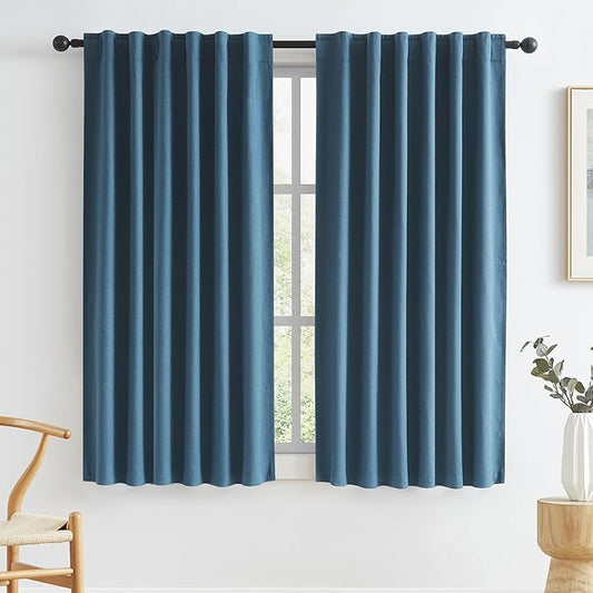 KEQIAOSUOCAI Blue Denim Full Blackout Linen Curtains 63 Inch Long 2 Panels, Nautical Boho Farmhouse Decor Noise Reducing Heat Blocking Drapes for Boys Bedroom Back Tab Rod Pocket 50 Wide Each Panel