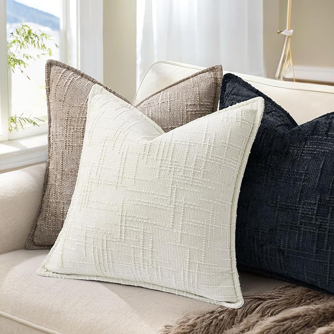 decorUhome Chenille Throw Pillow Covers 26x26 Set of 2, Thick Textured Slubby Neutral Decorative Pillow Covers with Elegant Design for Couch, Sofa, Living Room, Midnight Blue