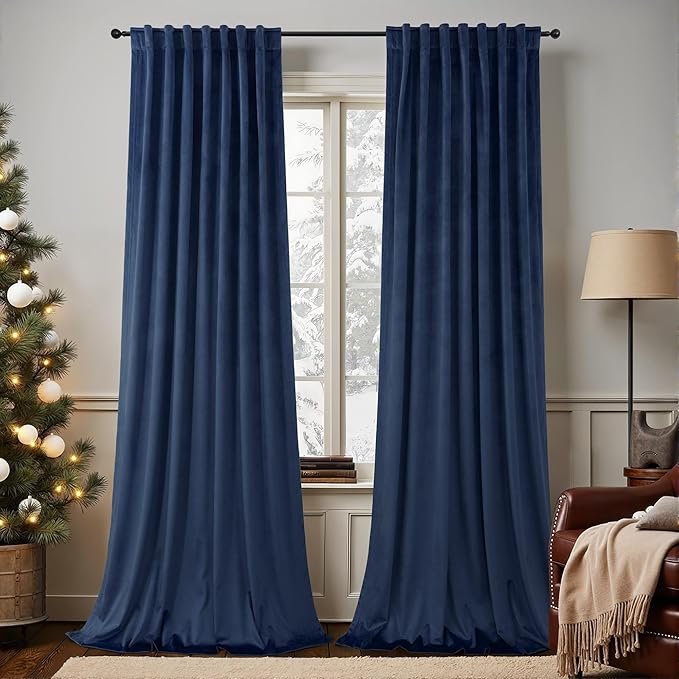 Dark Blue Velvet Curtains 96 Inch Long 2 Panels for Boys Bedroom Luxury Thick Thermal Insulated Curtain for Summer Heat Blocking Light Navy Blue Drape for Living Room Divider Nautical Space 8ft Length