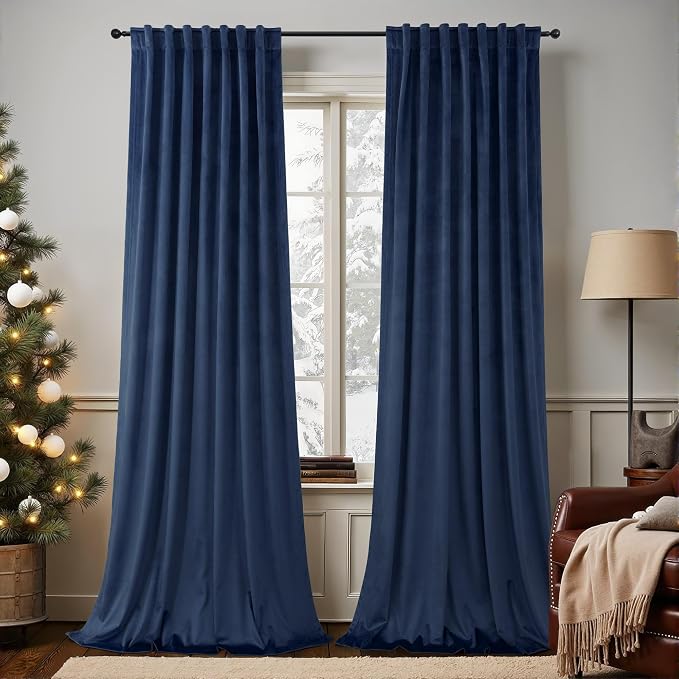Navy Velvet Curtains 108 Inches Long 2 Panel for Patio Sliding Door Soundproof Light Blocking Solid Privacy Royal Blue Dark Out Drape for Bedroom Living Room Darkening Thermal Coastal Decor 9ft Length