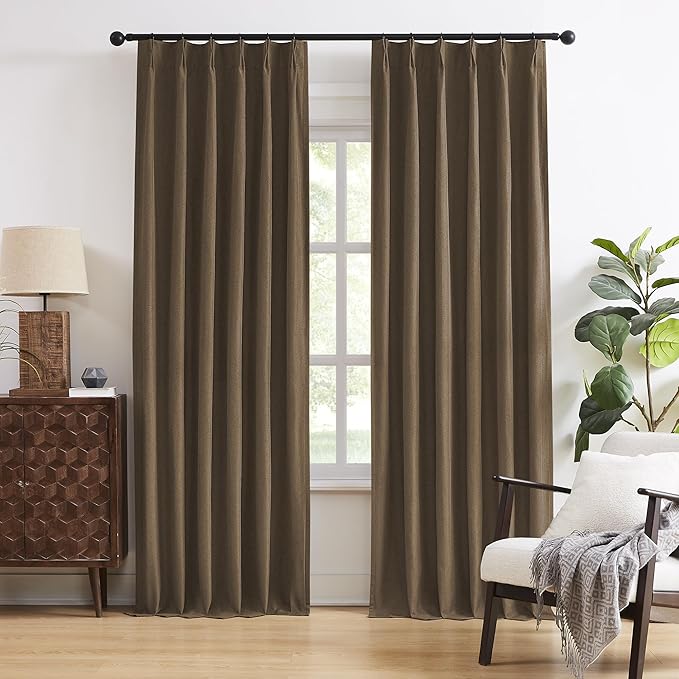 DUALIFE Chocolate Brown Pinch Pleated Blackout Curtains 63 Inches Long, Back Tab with Hooks, Linen Full Black Out Thermal Insulated Track Curtain for Bedroom Living Room,40" Wx63 L, 2 Panels