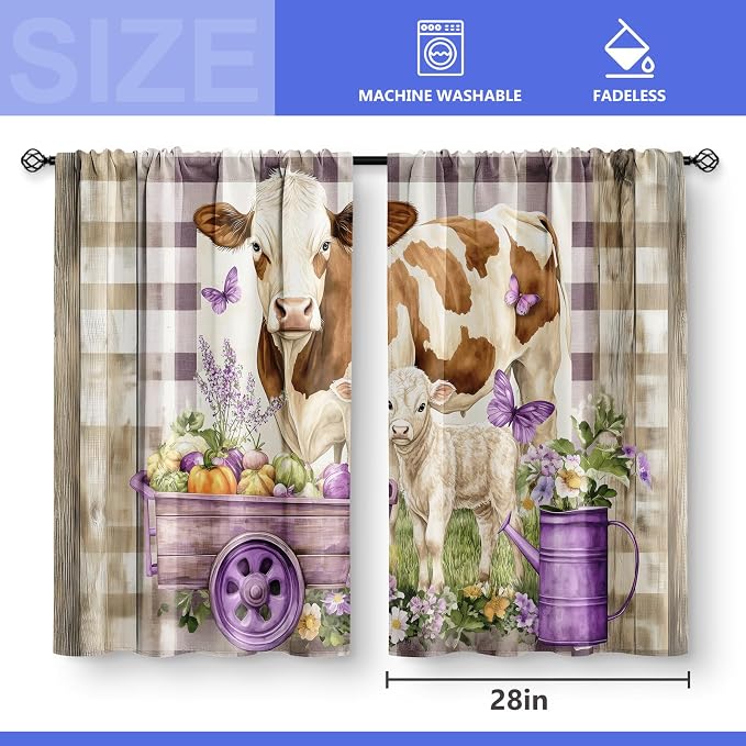 Dairy Cow Farm Harvest Kitchen Curtains - Country Rustic Farmhouse Short Cafe Curtains Decor for Dining Room Tier Curtains Over Sink Rod Pocket Window Drapes 24 Inch Length 2 Panels Set, 28"x24"
