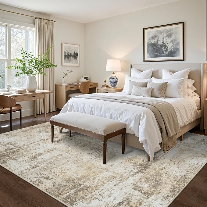 10x14 Area Rugs Living Room Rugs: Large Washable Rug with Anti-Slip Backing Non-Shedding Stain-Resistant Soft Abstract Carpet for Bedroom Dining Room Nursery Home Office Beige Grey