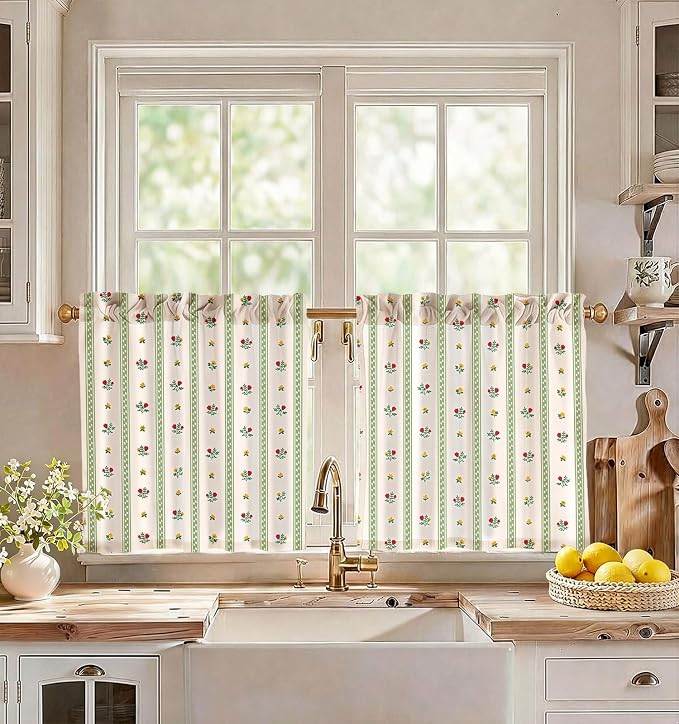 Miss Adola Farmhouse Kitchen Tier Curtains - 24 Inch Length Linen Blend Floral Cafe Curtains Green Stripe Small Window Treatment Over Sink Rod Pocket for Bathroom Living Room Light Filtering, 2 Panels