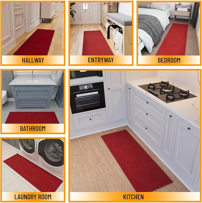 Ottomanson 1'10" x 6' Ultra-Thin Hallway Runner Rug - Durable Non-Slip Carpet for High-Traffic Areas - Fits Under Doors for Seamless Entry - Ideal for Kitchen, Entryway, Bedroom & Living Room, Red