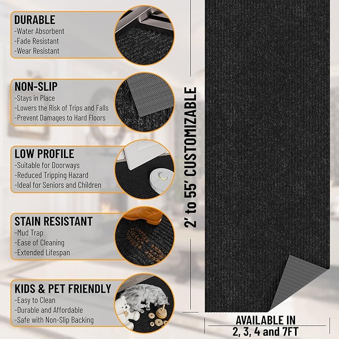 Ottomanson Hallway Runner Rug 2' x 6' Durable Non-Slip Mat with Scraper Pile for Indoor & Outdoor Use - Ideal for Kitchen, Entryway, Patio & Garage - High-Traffic Carpet, Black