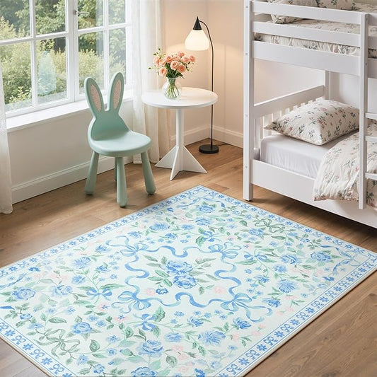 GENIMO 5X7 Washable Vintage Area Rugs for Living Room, Non-Slip Low Pile Chenille Print Rug, Soft Rugs for Bedroom Dining Room Home Office, Pastel Blue