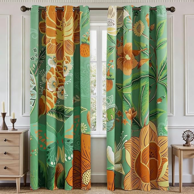 Tyrot Sage Green Boho Floral 100% Blackout Curtains for Bedroom 63 inch Long 2 Panels Butterfly Botanical Black Out Curtains for Living Room Grommet Thermal Insulated Room Darkening Drapes,52Wx63L
