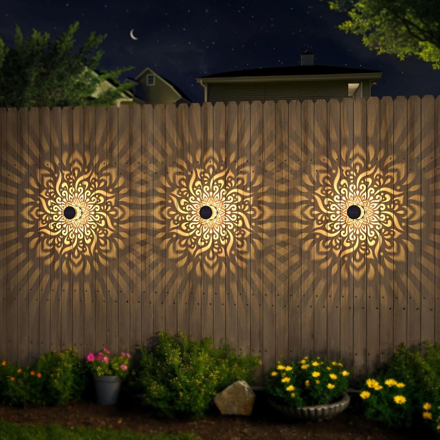 2 Pack Large Solar Fence Lights Metal Solar Powered Outdoor Wall Deck Step Lights Mandala Theme Waterproof Fence Light for Garden Post Patio Backyard Yard Decor, Gardening Gifts for Women Mom Grandma
