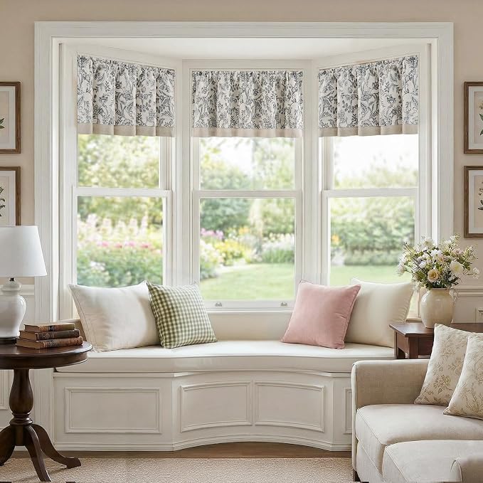 jinchan Linen Valance Curtain Farmhouse Floral Printed Small Window Curtain for Kitchen Rustic Light Filtering Valance for Living Room Bedroom Bathroom 18 Inch Rod Pocket 1 Panel Black on Beige