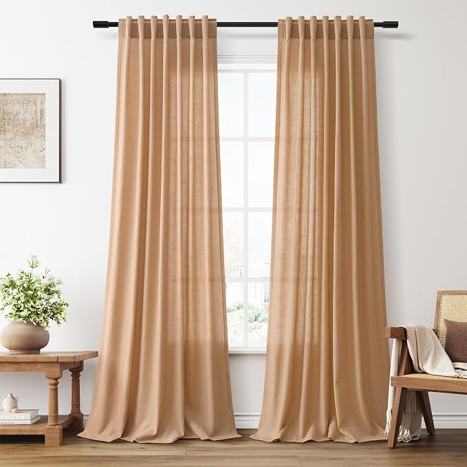 Aersas Camel Semi Sheer Curtains 96 Inches Length for Living Room Linen Texture Wave Fabric Vertical Window Shades with Rod Pocket Back Tab for Bedroom Sun Room Light Filtering Boho Home Decor 52x96