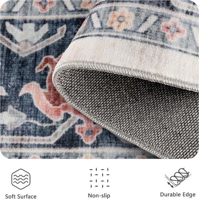 8x10 Area Rugs for Living Room - Washable Rug Vintage Distress Boho Medallion Rugs for Bedroom, Soft Non-Slip Backing Low Pile Carpet for Dining Room Office Nursery Home, Blue Beige Orange