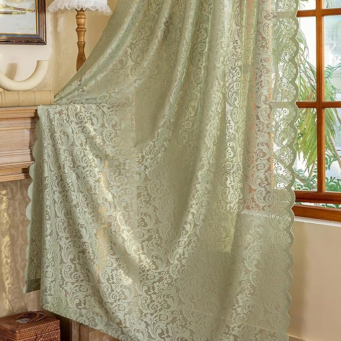 ALIGOGO Sage Green Sheer Curtains 72 Inches Long - Floral Boho Lace Curtains for Bedroom French Door Sliding Door, Vintage Privacy Scalloped Edges Easter Spring Summer Decor, 52 x 72 Inch, Light Green