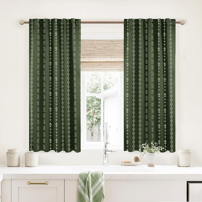 Lino Rosa Bathroom Curtains Window,Dark Leaf Green Boho Floral Privacy Opaque Spring Kitchen Curtains 45 Inch Length