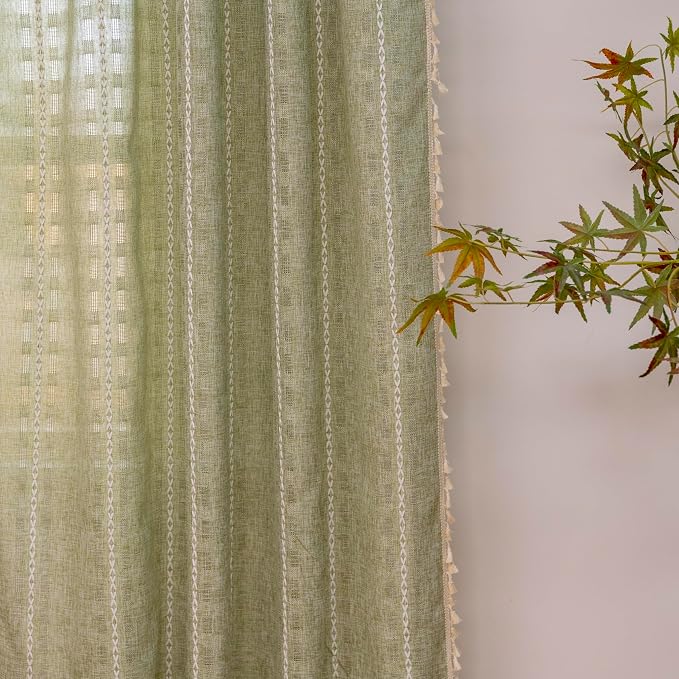 Deeprove Boho Curtain 72 inch Length for Bedroom Living Room, Bohemian Grass Sheer 72 inches Long Stripe Embroidery Privacy Window Tassel Christmas Easter Spring Decor W52 x L72, 1 Panel Sage Green