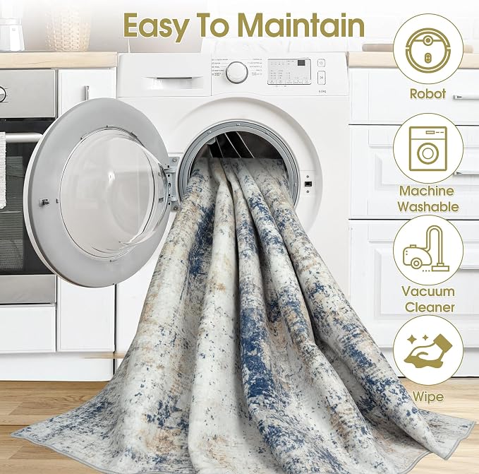 Washable Rug 6x9 Area Rugs: Soft Large Living Room Rug with Anti-Slip Backing Non-Shedding Stain-Resistant Modern Abstract Carpet for Bedroom Dining Room Nursery Home Office Blue Brown
