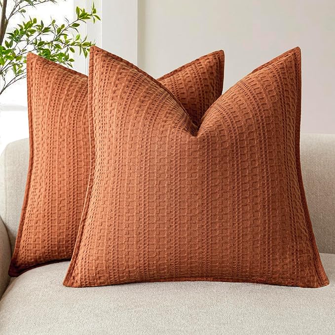 Foindtower Set of 2 Decorative Cotton Waffle Weave Throw Pillow Covers Euro Shams Cushion Covers Accent European Pillowcase for Bed Couch Sofa Bedroom Living Room Home Decor 18×18 Inch Burnt Orange