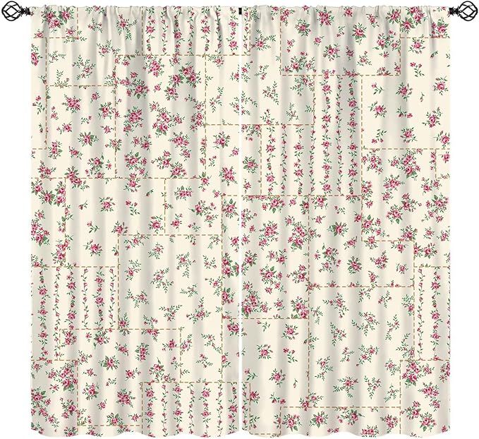 Boho Patchwork Floral Blackout Curtains Yellow Red Farmhouse Patchwork Quilted Country Check Print Window Drapes for Bedroom Living Room Kitchen Cafe （W42xL84 Inch） x2 Panels
