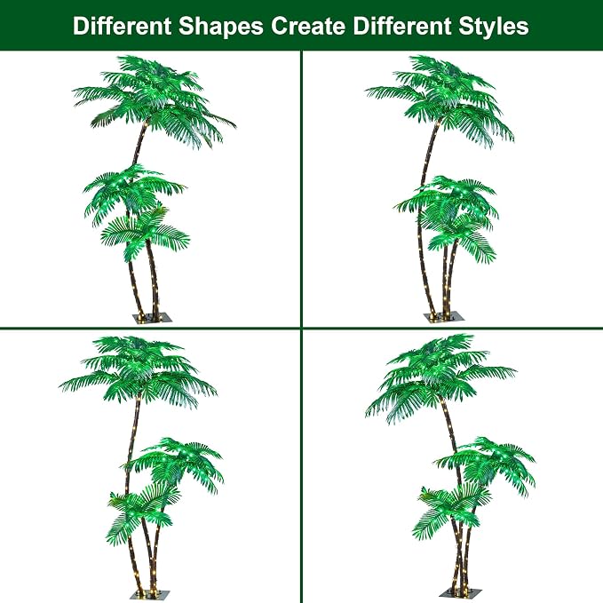 LIGHTSHARE Lighted 6FT Gorgeous Palm Tree 3Trunks Artificial Palm Tree 203LED Lights for Office Decoration Outdoor and Indoors Tiki Bar Christmas Patio Pool- Electric