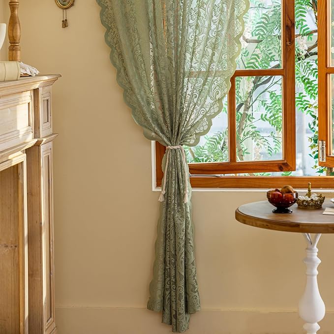 ALIGOGO Sage Green Lace Curtains 96 Inches Long - Country Rustic Floral Lace Sheer Curtains 2 Panels Set for Living Room, Privacy Scalloped Window Drapes, 52 x 96 Inch, Sage Green