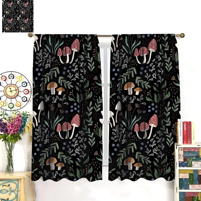 Mushroom Curtains, Cartoon Green Leaves Mushroom Wildflower Plant Botanical Boho Herb Nature Garden Print Blackout Window Drapes for Living Room Kids Bedroom 72x63in