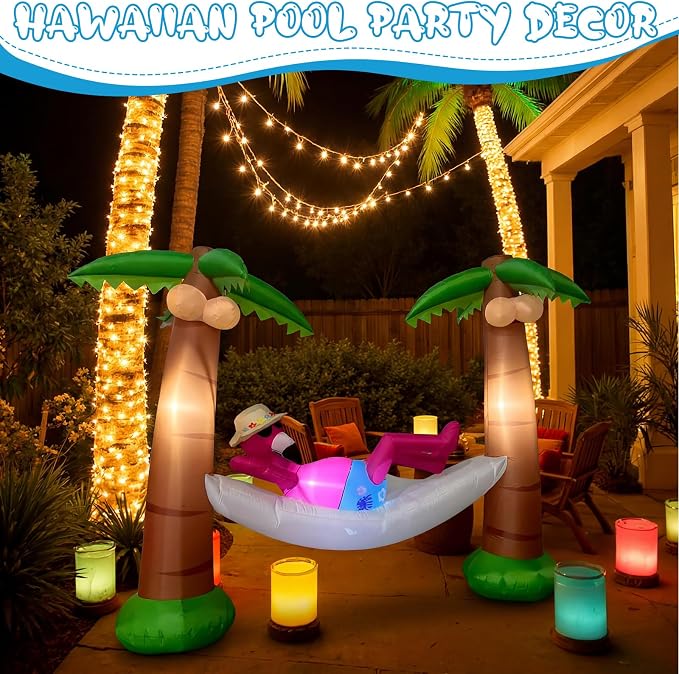 Summer Inflatable Outdoor Decor Flamingo in Hammock with Palm Trees 5 ft LED Lighted Inflatable Palm Trees Blow up Flamingo for Luau Hawaiian Tropical Jungle Party Pool Beach Yard Lawn Decoration