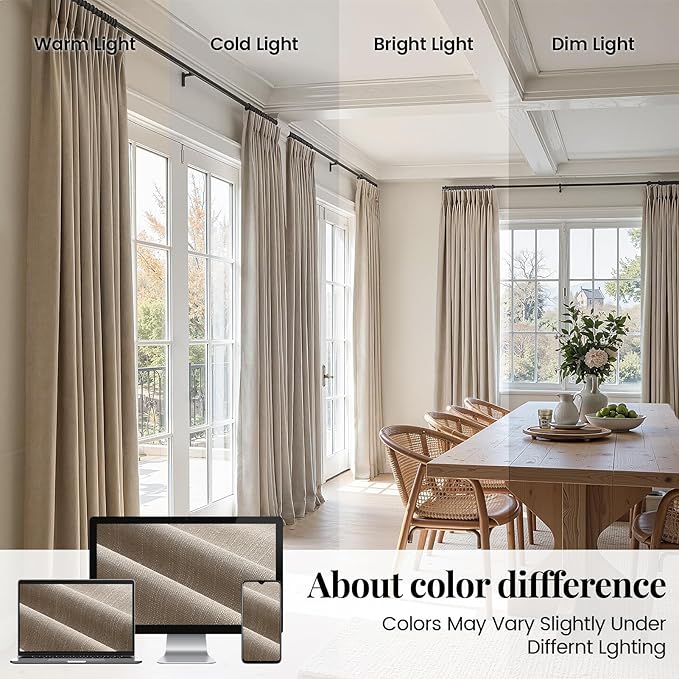 Topfinel Taupe Blackout Pleated Curtains 102 Inches Long 100% Light Blockout Linen Panels for a High-End, Neutral Living Room Ambience Memory-Trained Pleats for Teen Boys Room Decor 40" W*102" L