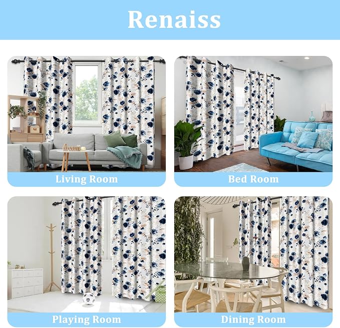 Renaiss Blue and White Floral Blackout Curtains Gold Line Rose Flowers Thermal Insulated Window Drapes for Bedroom 29W x 55L inches 2 Panel Set Window Curtain Panels for Kitchen