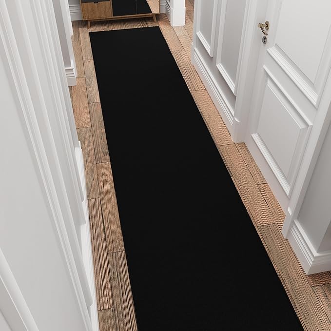 Ottomanson Aisle Runner Rug – Non-Slip Low Pile Carpet Runner for Long Hallways & Corridors, Stain Resistant & Easy to Clean, Solid Black, 2'7" x 34'