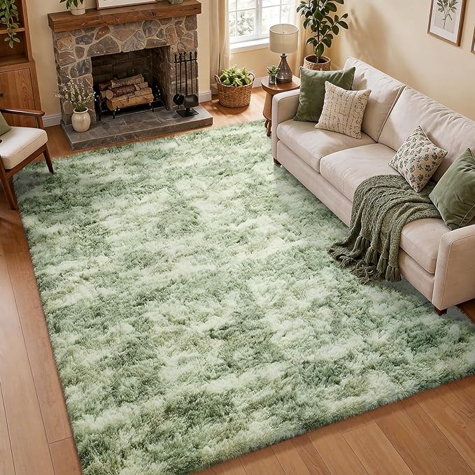 Ophanie 6x9 Green and White Area Rugs for Living Room,Large Sage Green Fluffy Shag Fuzzy Plush Soft Carpets,Floor Shaggy Rugs for Bedroom,Carpet for Kids Girls Dorm Decor with Over 99 pcs Pile fibers