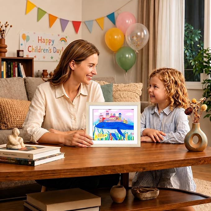 KINLINK 10x12.5 Kids Art Frame 2 Pack, Solid Wood Artwork Frames Changeable, Front Opening Hold 150 Pictures, Art Frames for Kids Artwork, 8.5x11 with Mat 10x12.5 without Mat, Picture Frames Natural